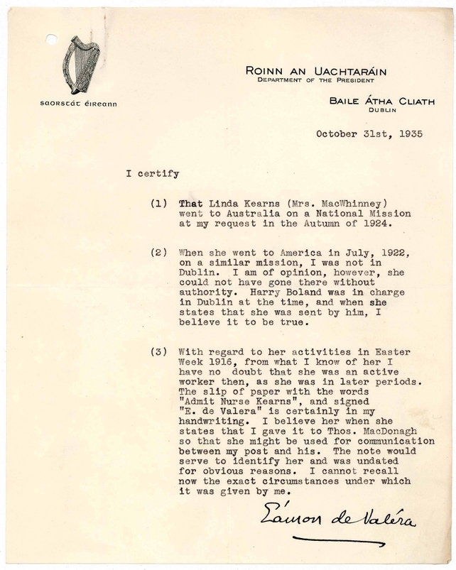 Signed typed letter from Eamon de Valera dated 31 October 1935 regarding details of Linda Kearns MacWhinney’s service and verifying a handwritten note as being in his handwriting
