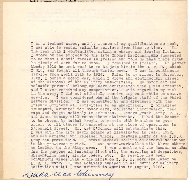Extract from Linda Kearns MacWhinney’s application under the Military Service Pensions Act, 1934