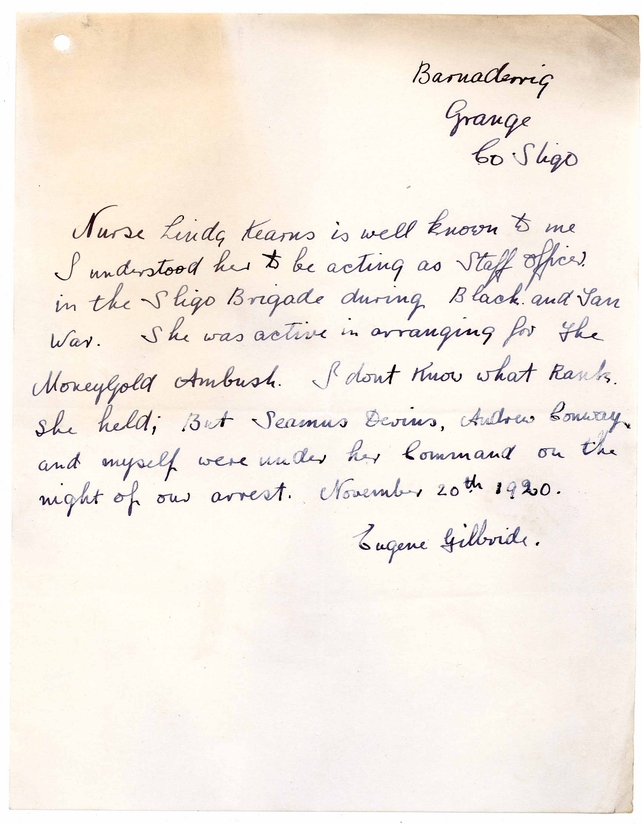 Undated letter from Eugene Gilbride verifying Linda Kearns MacWhinney’s position as an officer with Sligo Brigade IRA at the time of her arrest on 20 November 1920