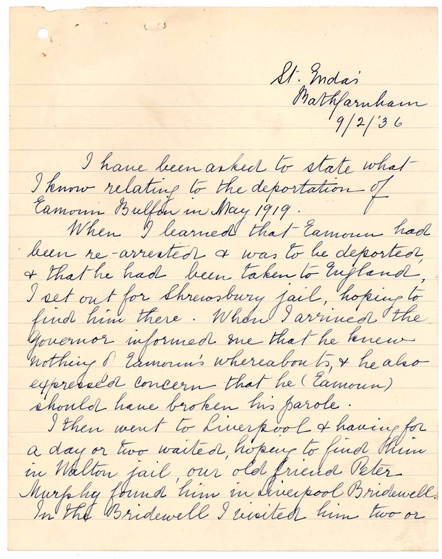 First page of letter of 10 February 1936 from Eamonn Bulfin to the Secretary, Office of the Referee Military Service Pensions Act, 1934 regarding his appointment as Dáil Éireann representative in Argentina between May 1919 and June 1922
