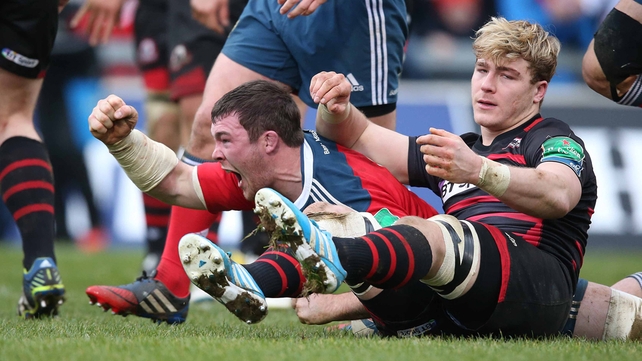 Peter O'Mahony scores a try for Munster in the Heineken Cup against Edinburgh