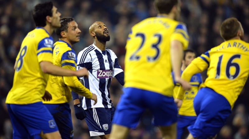 Nicolas Anelka is well marshalled by the Everton players at The Hawthorns