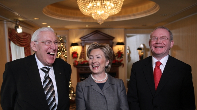 Hillary Clinton laughs with Mr Paisley and Mr McGuinness after a meeting in December 2007 in Washington
