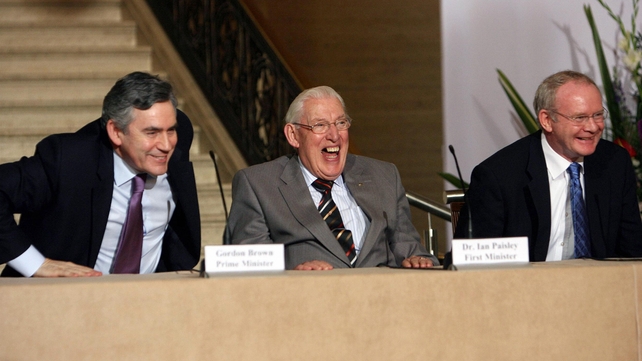 Gordon Brown, Mr Paisley and Northern Ireland's Mr McGuinness smile during a reception at Stormont, Belfast for the US-Northern Ireland Investment Conference