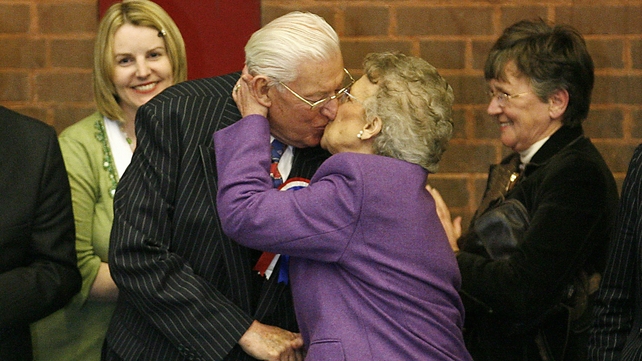 Mr Paisley kisses his wife Eileen Paisley in Ballymena after securing re-election in March 2007