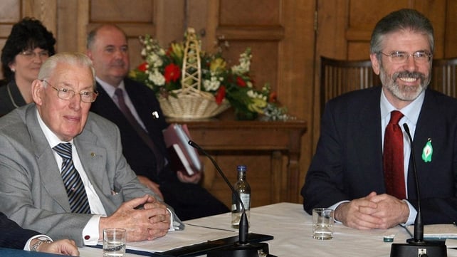 Mr Paisley and Sinn Féin leader Gerry Adams speak to the media during a press conference at Stormont in March 2007