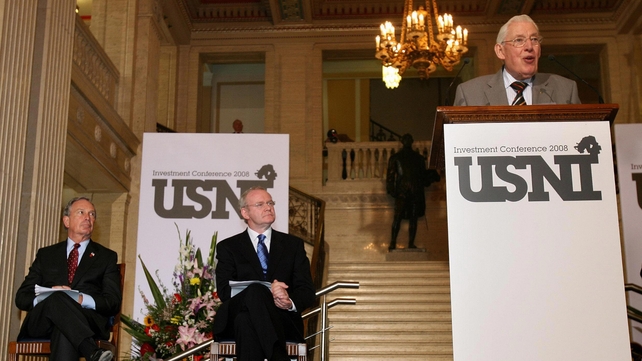 Ian Paisley addresses US investors as New York Mayor Michael Bloomberg and Martin McGuinness look on at Stormont in May 2008