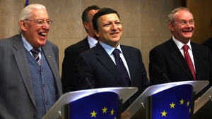 European Commission Chairman Jose Manuel Barroso gives a press conference with Mr Paisley and Mr McGuinness in January 2008