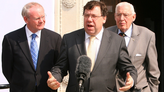 Taoiseach Brian Cowen with Mr McGuinness and Mr Paisley during the US-Northern Ireland Investment Conference in 2008