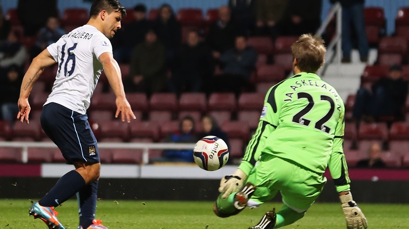 Sergio Aguero scores Man City's second goal at Upton Park