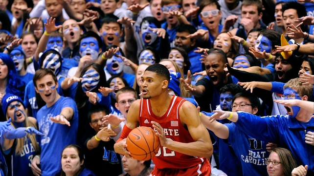 Opposition fans taunt Kyle Washington of the North Carolina State Wolfpack against the Duke Blue Devils in North Carolina