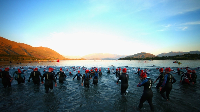 Competitors enter the water for the Challenge Wanaka in New Zealand