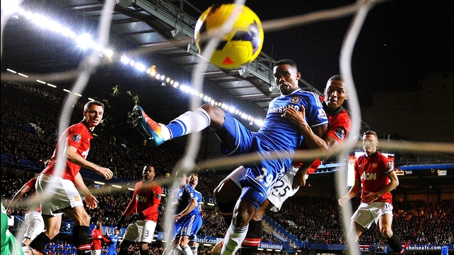 Samuel Eto'o of Chelsea scores his hat trick goal against Manchester United during the Premier League match at Stamford Bridge