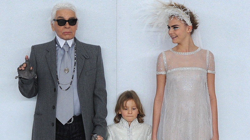 Karl Lagerfeld, Hudson Kroenig and Cara Delevinge closing the Chanel Spring/Summer '14 Couture Show