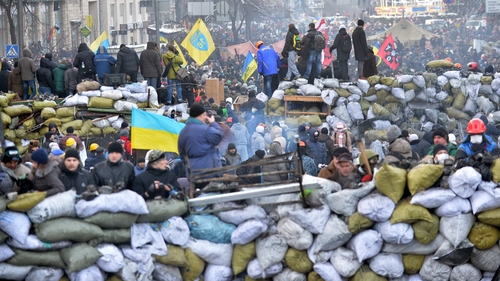 Protesters have used sandbags filled with snow and ice to build barricades