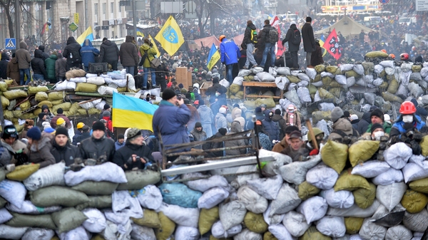 Protesters have used sandbags filled with snow and ice to build barricades