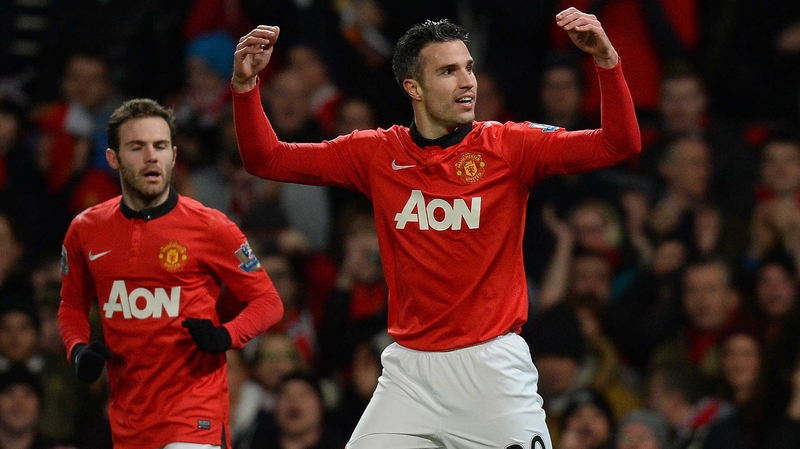 Robin van Persie celebrates his early strike as new boy Juan Mata made his debut for United