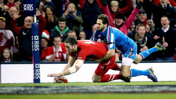 Alex Cuthbert opens the scoring with a try for Wales against Italy in the Millennium Stadium