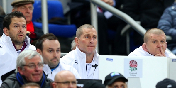 England's coaching team of Andy Farrell, Stuart Lancaster and Graham Rowntree watch their side's clash with France