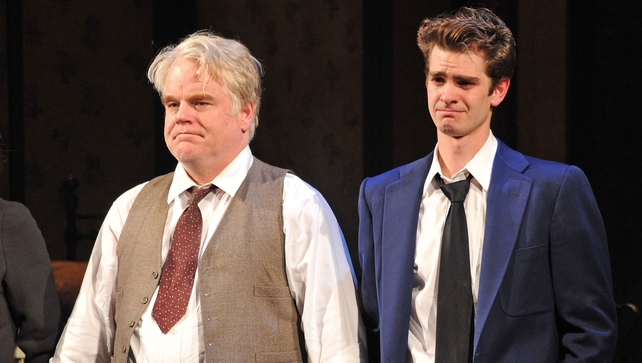Hoffman starring with Andrew Garfield in Death Of A Salesman at the Barrymore Theatre in 2012 in New York City