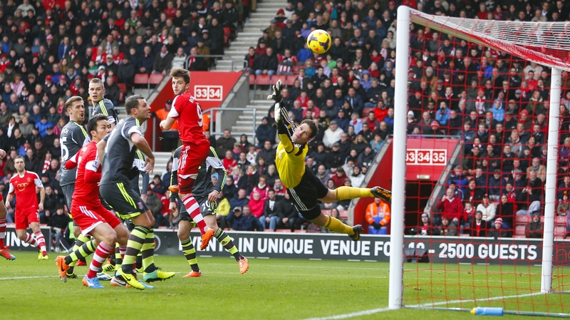 Rickie Lambert's free-kick sails past Stoke 'keeper Asmir Begovic to give Saints the lead