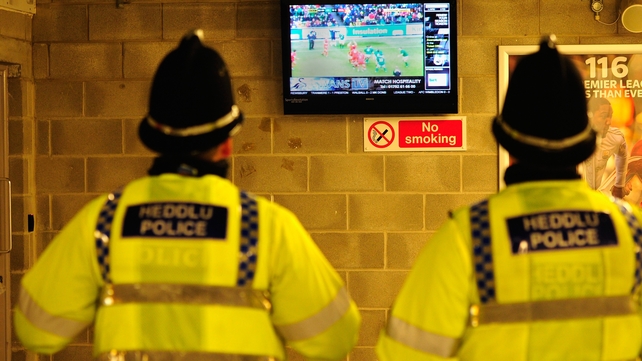 Welsh police maintain a watchful eye on proceedings from the at Liberty Stadium, Swansea, before the Premier League match between Swansea City and Cardiff City