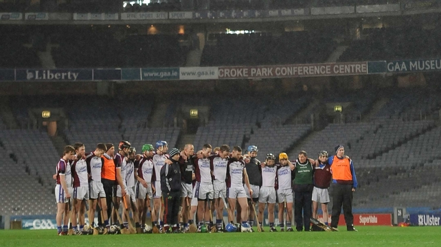 Kilnadeema-Leitrim players observe a minute's silence in Croke Park in memory of a club member, Patrick Halpin, who passed away earlier in the week