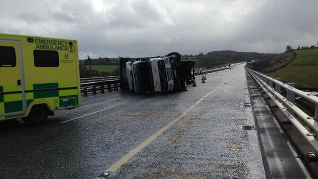 Gardaí tweeted a picture of a truck overturned due to high winds on the M8 at Fermoy