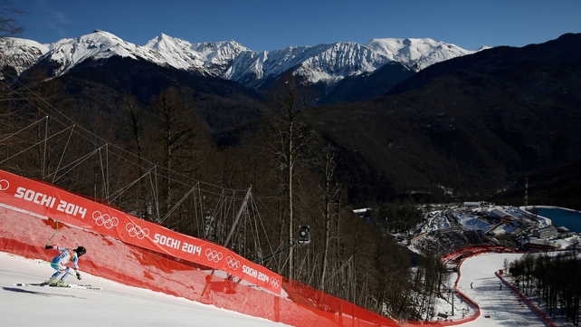 Elisabeth Goergl of Austria has no time to take in the view as she competes at the women's downhill in Sochi