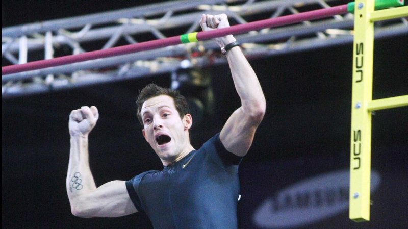France's Renaud Lavillenie reacts just after breaking the record