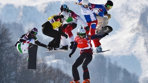 Eva Samkova, Michela Moioli, Alexandra Jekova, Dominique Maltais, Chloe Trespeuch and Faye Gulini compete in the Women's Snowboard Cross Olympic final in Sochi.