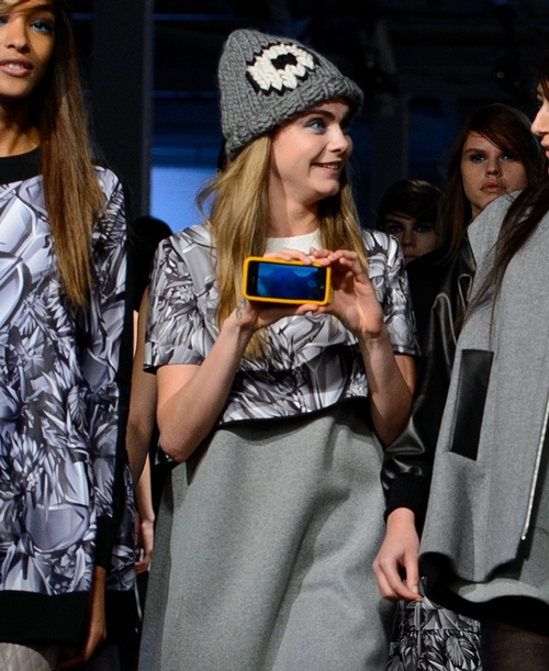 Cara Delevingne filmed herself walking for Giles Deacon at LFW