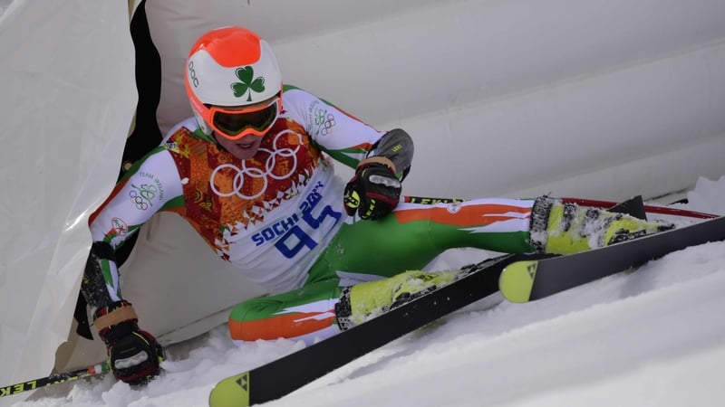 Conor Lyne reacts to a fall in his giant slalom run