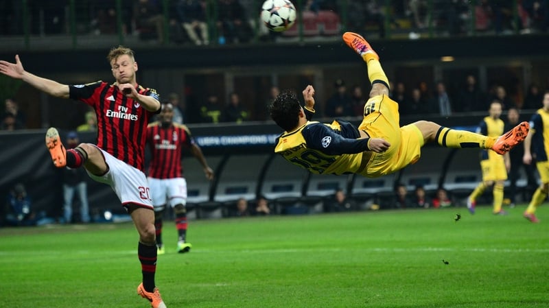 Diego Costa of Atletico Madrid tries the spectacular against AC Milan during their Champions League clash at the San Siro