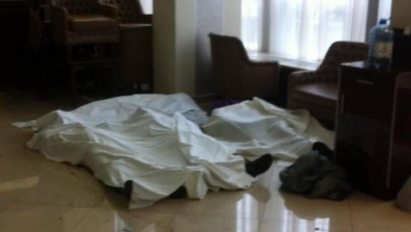 Bodies lined up in the lobby of Kiev's Hotel Ukraine