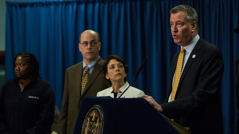 Mayor de Blasio launching his traffic safety plan at a press conference on Wednesday