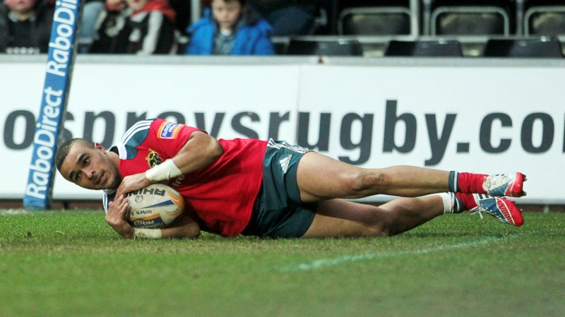 Simon Zebo goes over for his try against Ospreys