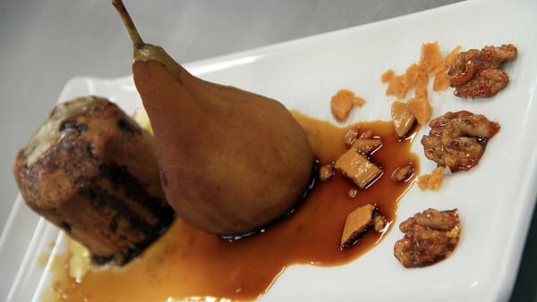 Tea Brack with Tea Poached Pears, Crumbled Honeyco