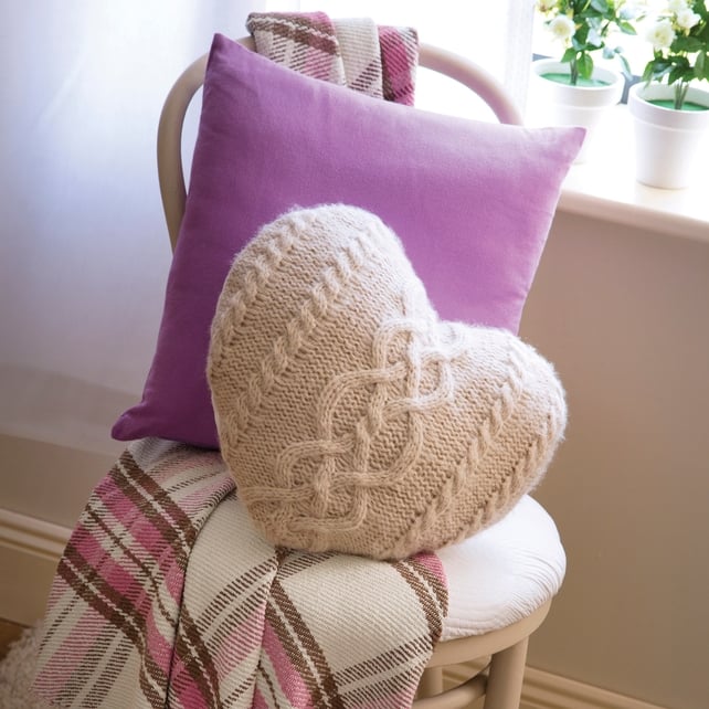 2PK Plain Dye Cushion Cover Lavender €4.90, Heart Cable Knit Cushion €10.00, Cotton Check Throw €15.00