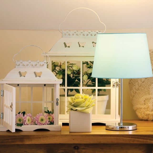 Butterfly lantern Med €15.00, Butterfly Lantern Large €29.50, Rose Pot €3.00, Heart Cushion, €10.00, Duck egg lamp shade €5.00