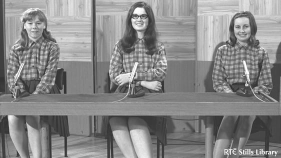 3 Teenage girls from Cross and Passion College, Kilcullen on schools quiz programme 'Mark Time' in …