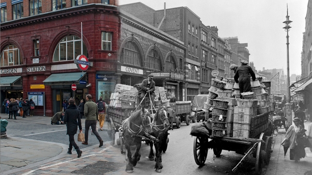 A street scene in London’s Covent Garden with the underground station and a horse and cart in the background (Pic: Museum of London)
