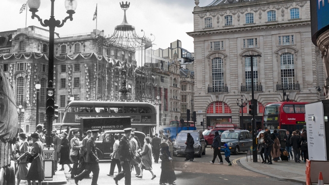Piccadilly Circus on Coronation Day, 2 June 1953. Crowds gather to witness the Coronation procession of Elizabeth II (Pic: Wolf Suschitzky/Museum of London)