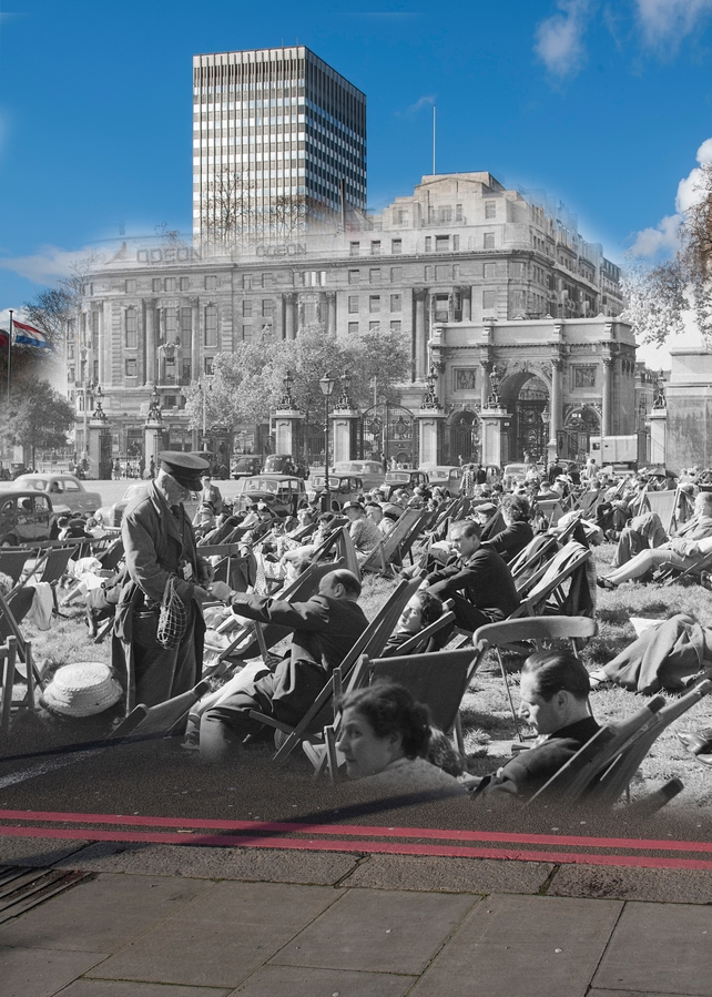 People sunbathing in Hyde Park in 1956 with Marble Arch and the Odeon cinema in the background (Pic: Museum of London)