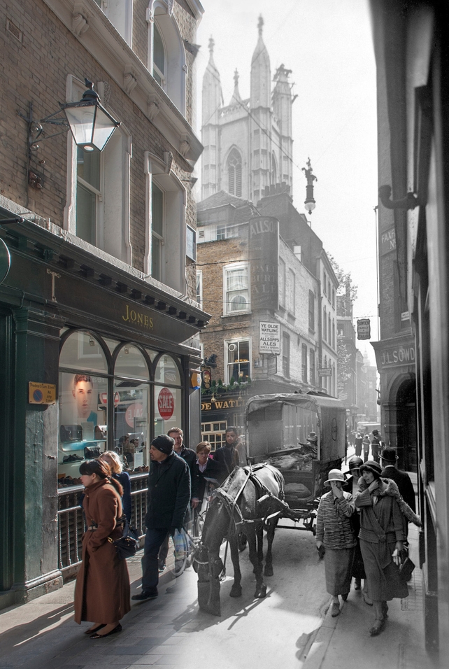 A view of Bow Lane, off Cheapside in the City of London, looking south to the crossing with Watling Street and St Mary Aldermary in the middle distance (Pic: Museum of London)