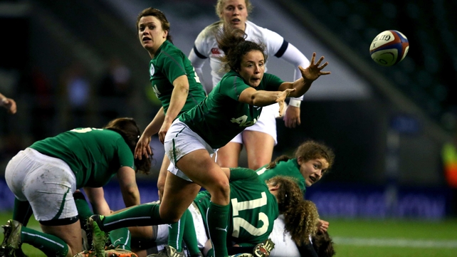 Ireland’s Natasha Hunt passes the ball against England