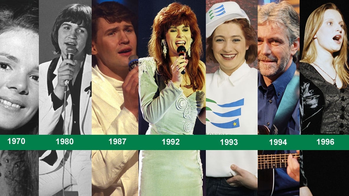 Eurovision Winners for Ireland: Left to right - Dana (1970), Johnny Logan (1980, 1987), Linda Martin (1992), Niamh Kavanagh (1993), Charlie McGettigan (1994), and Eimear Quinn (1996).