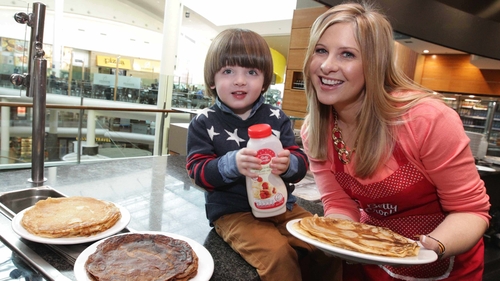 TV presenter Laura Woods and her son Ben launch the Betty Crocker World Pancake Stacking Record attempt