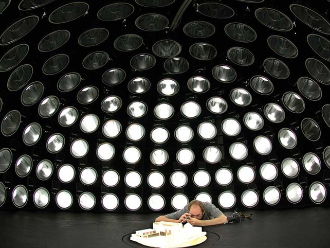 This photo was taken of a researcher under Ireland’s only artificial sky. He is studying the internal visual environment in an architectural model under 145 individually controlled lamps (Pic: Paul Kenny)