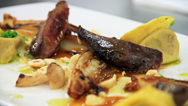 Tortelli of braised wood pigeon with pan roasted b